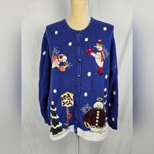 VTG Quacker Factory Womens Christmas Sweater Cardigan Embellished sz Large Blue